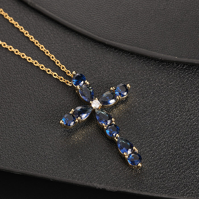 Schlichter Stil Kreuz-Kupfer-Inlay-Zirkon-Anhänger-Halskette, 1 Stück