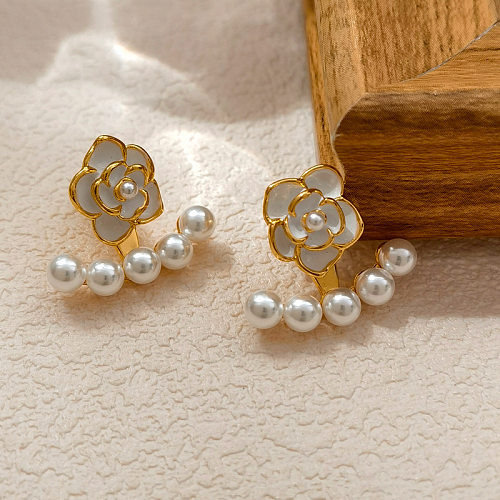1 par de pendientes de perlas artificiales de cobre con incrustaciones de flores elegantes