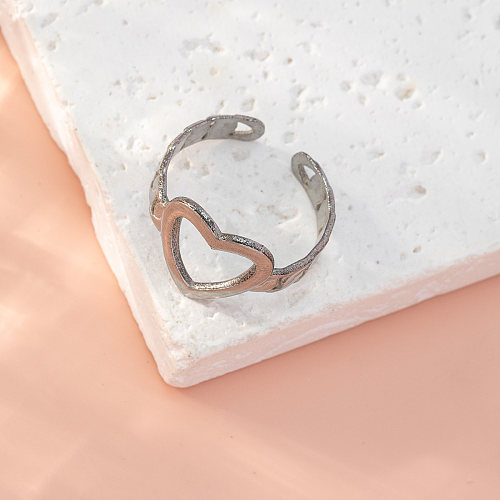 Estilo simples deixa anéis abertos em forma de coração de aço inoxidável ocos