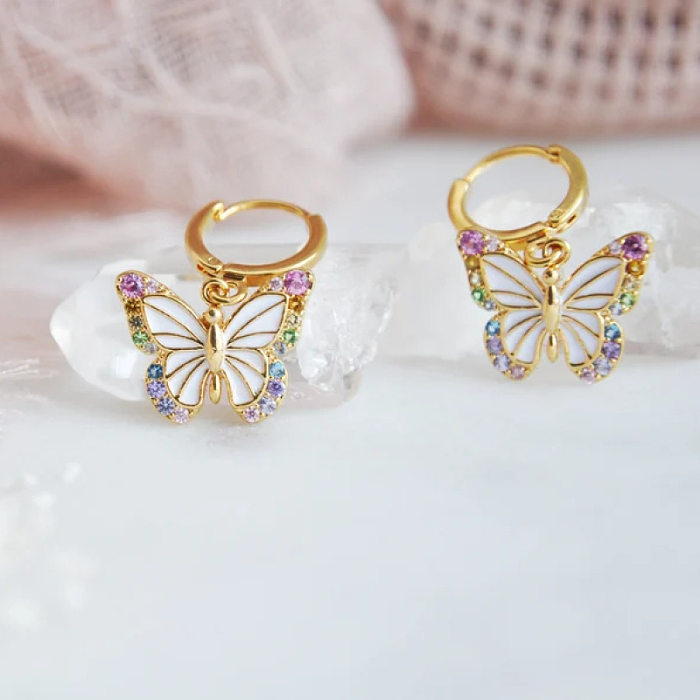 Retro-Schmetterlings-Kupfer-Emaille-Überzug-Inlay-Zirkon-vergoldete Ohrringe-Halskette