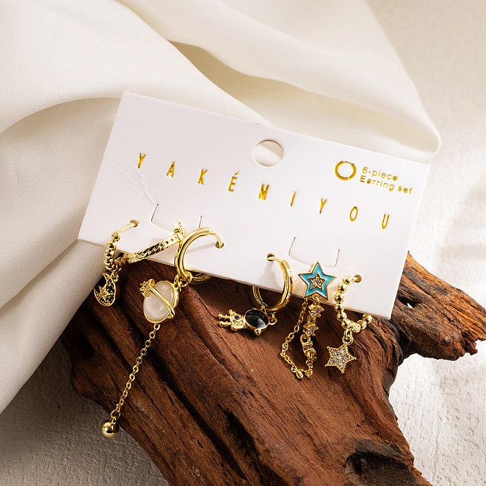 Casual Star Copper Asymmetrical Enamel Inlay Zircon 14K Gold Plated Drop Earrings