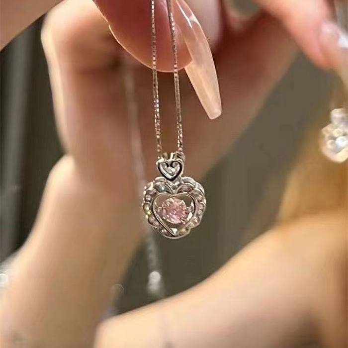 Shiny Heart Shape Copper Inlay Rhinestones Zircon Pendant Necklace 1 Piece
