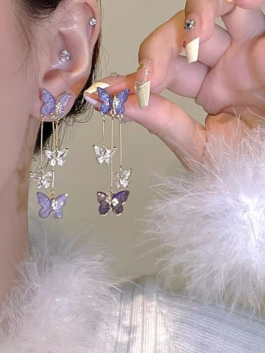 1 paire de boucles d'oreilles pendantes en plaqué cuivre, Style féerique, papillon