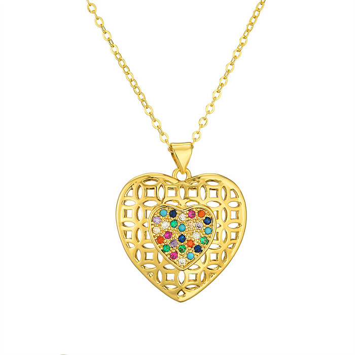 Estilo simples estilo clássico gotas de água forma de coração cobre oco incrustação zircão banhado a ouro pingente colar