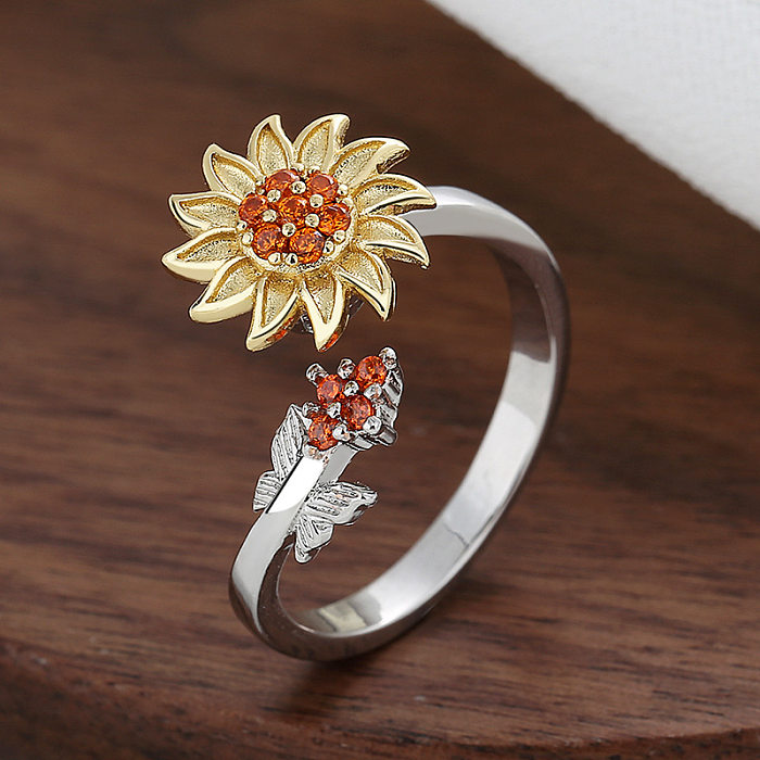 Fashion Leaf Sunflower Copper Inlay Zircon Rings