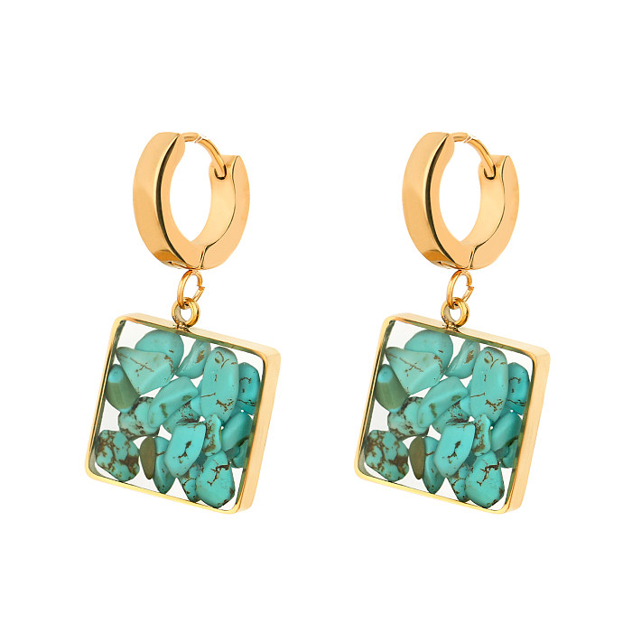 Sweet Simple Style Square Stainless Steel Natural Stone Epoxy Plating Gold Plated Earrings Necklace
