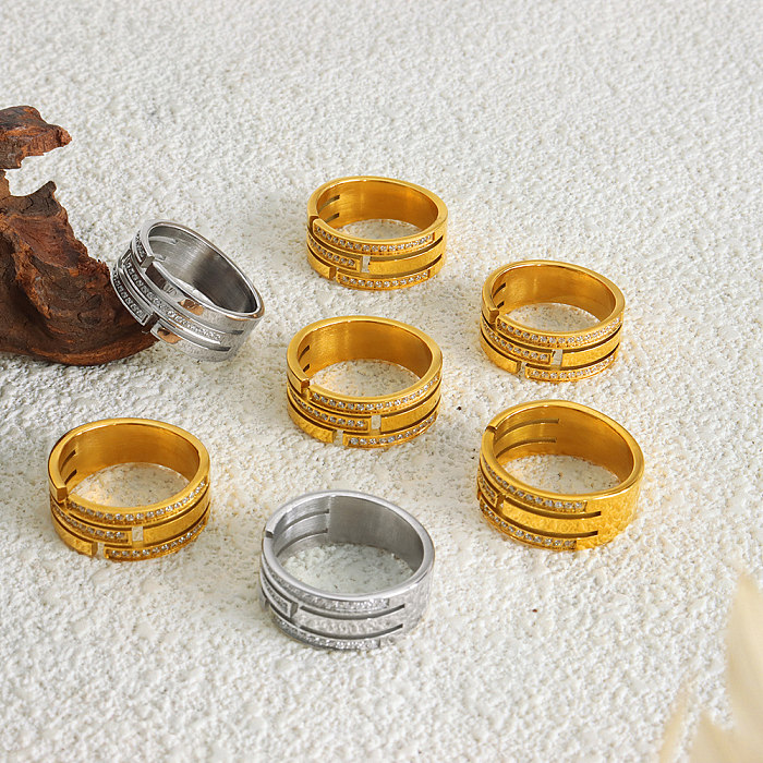 Elegant Luxurious Solid Color Titanium Steel Plating Inlay Rhinestones 18K Gold Plated Rings