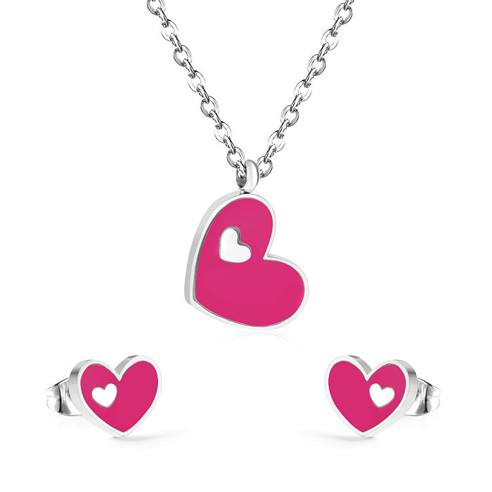 Sweet Heart Shape Stainless Steel Earrings Necklace 1 Set