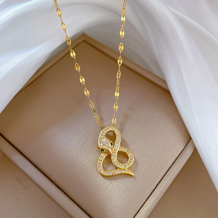 Retro Snake Titanium Steel Copper Inlay Artificial Diamond Necklace