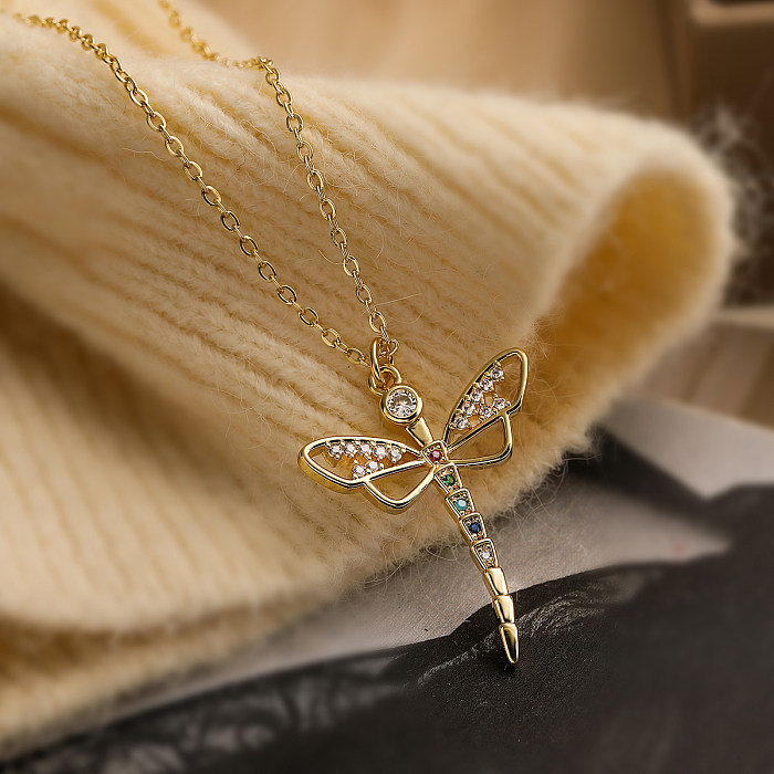Simple Style Commute Dragonfly Copper Plating Inlay Zircon 18K Gold Plated Pendant Necklace