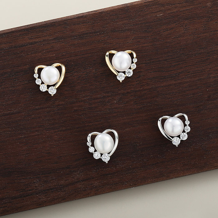 1 Pair Original Design Heart Shape Plating Inlay Freshwater Pearl Copper Zircon Ear Studs