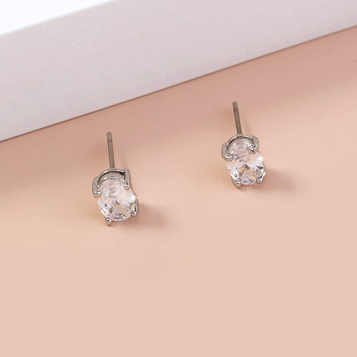 1 Pair Fashion Oval Inlay Copper Zircon Silver Plated Ear Studs