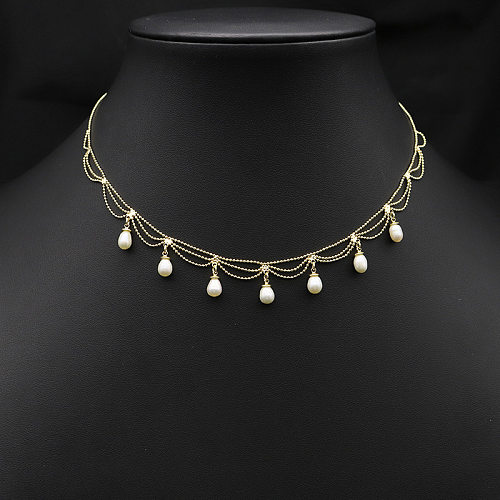 Elegant Tassel Copper Plating Inlay Pearl 18K Gold Plated Necklace