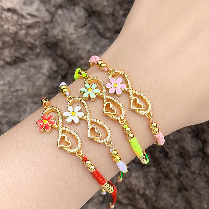 Ethnic Style Heart Shape Symbol Flower Rope Copper Enamel Braid Gold Plated Zircon Bracelets 1 Piece
