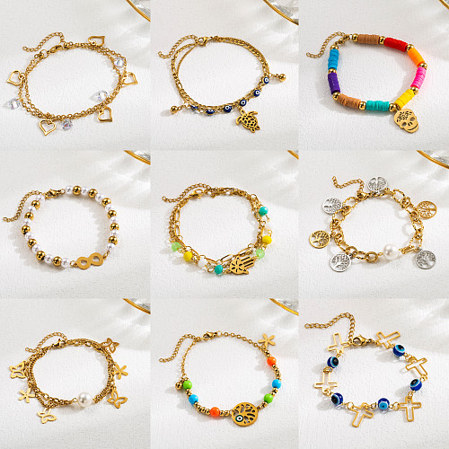 Bracelets plaqués or 24 carats avec perles en émail Heishi en acier inoxydable en forme de cœur et de croix de style IG