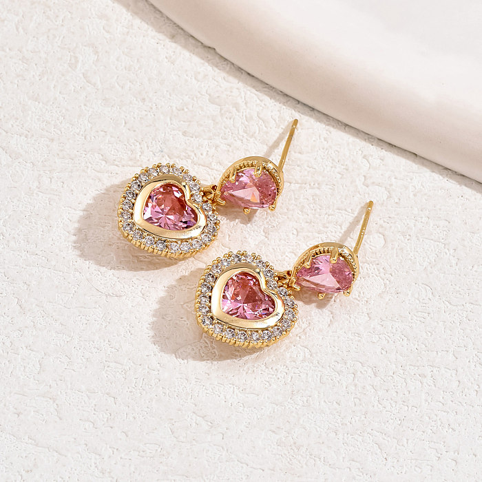 1 Pair Retro French Style Shiny Heart Shape Plating Inlay Copper Copper Alloy Zircon 18K Gold Plated White Gold Plated Drop Earrings Ear Studs