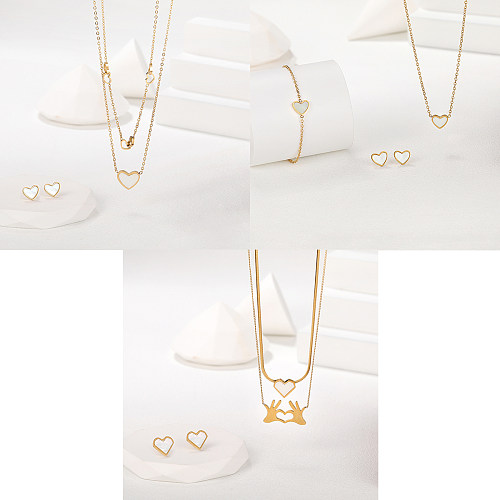 Elegante estilo moderno formato de coração revestimento de aço inoxidável concha banhada a ouro 18K pulseiras brincos colar