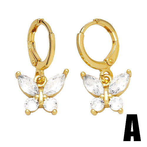 1 paire de boucles d'oreilles pendantes, Style Simple et doux, fleur et papillon, incrustation de cuivre et de Zircon plaqué or 18 carats