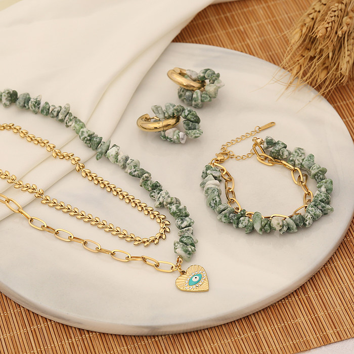 Retro Heart Shape Stainless Steel Natural Stone Bracelets Earrings Necklace