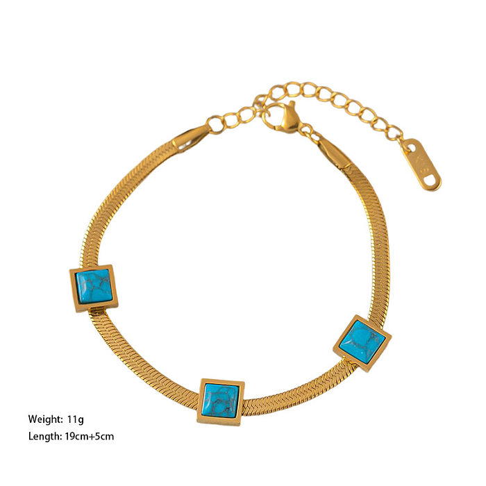 Schlichter Stil, quadratische Halskette mit türkisfarbenen Armbändern aus Titanstahl mit Inlay