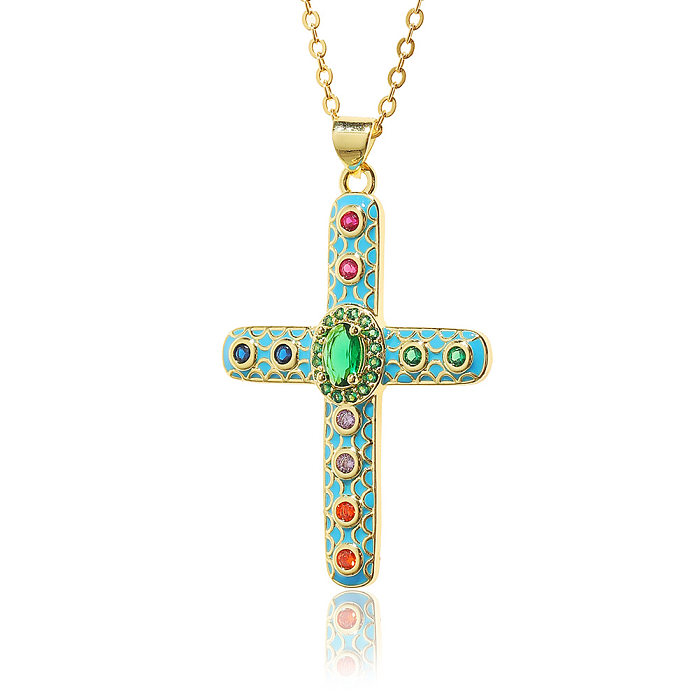 Simple Style Cross Copper Rhinestones Pendant Necklace In Bulk