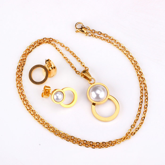 Mode geometrische Edelstahl Inlay künstliche Perlen Ohrringe Halskette 1 Set