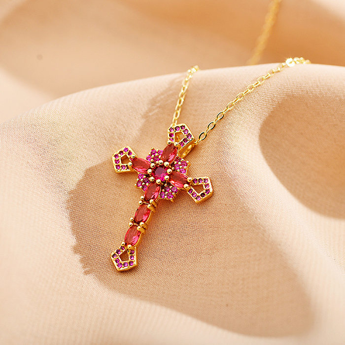 Casual Simple Style Cross Copper Plating Inlay Zircon Gold Plated Pendant Necklace