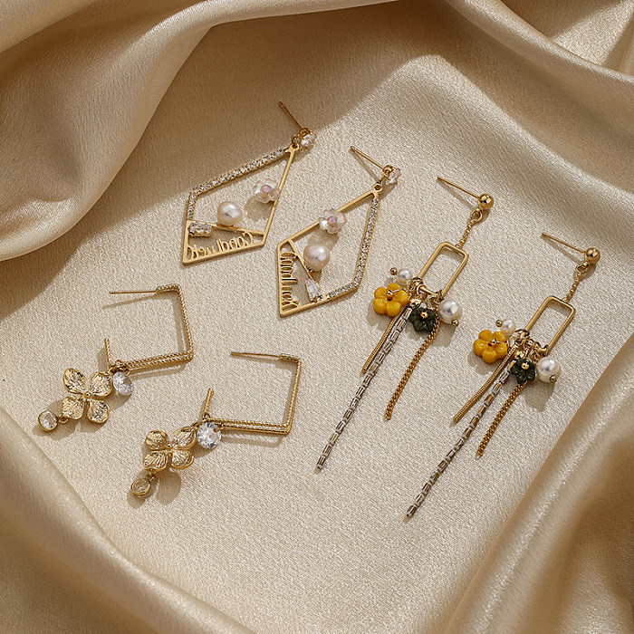 1 Pair IG Style Sweet Flower Rhombus Plating Inlay Copper Freshwater Pearl Zircon 14K Gold Plated Drop Earrings