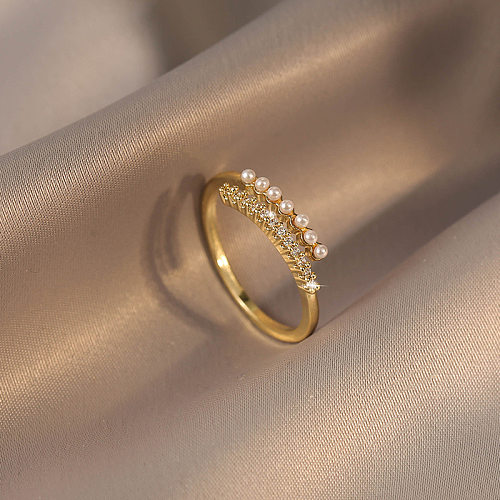 Elegant Retro Lady Geometric Copper Artificial Pearls Zircon Open Ring In Bulk