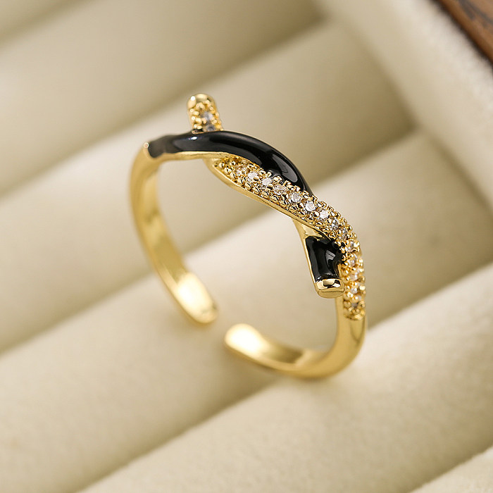 Simple Style Knot Copper Enamel Plating Inlay Zircon 18K Gold Plated Open Ring