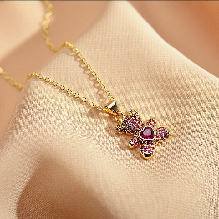 IG Style Little Bear Heart Shape Alloy Copper Inlay Zircon Pendant Necklace