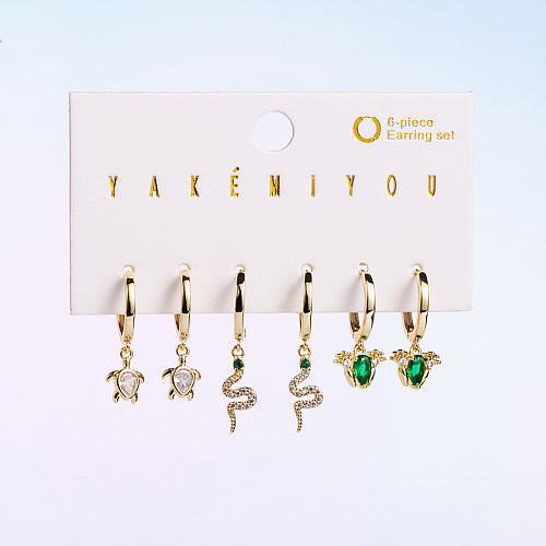 INS Style Tortoise Flower Snake Copper Asymmetrical Zircon 14K Gold Plated Earrings