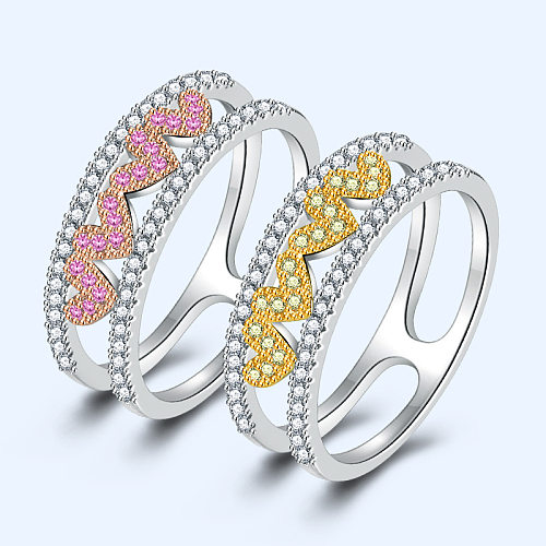 Anéis de zircão embutidos de cobre branco em formato de coração de estilo simples
