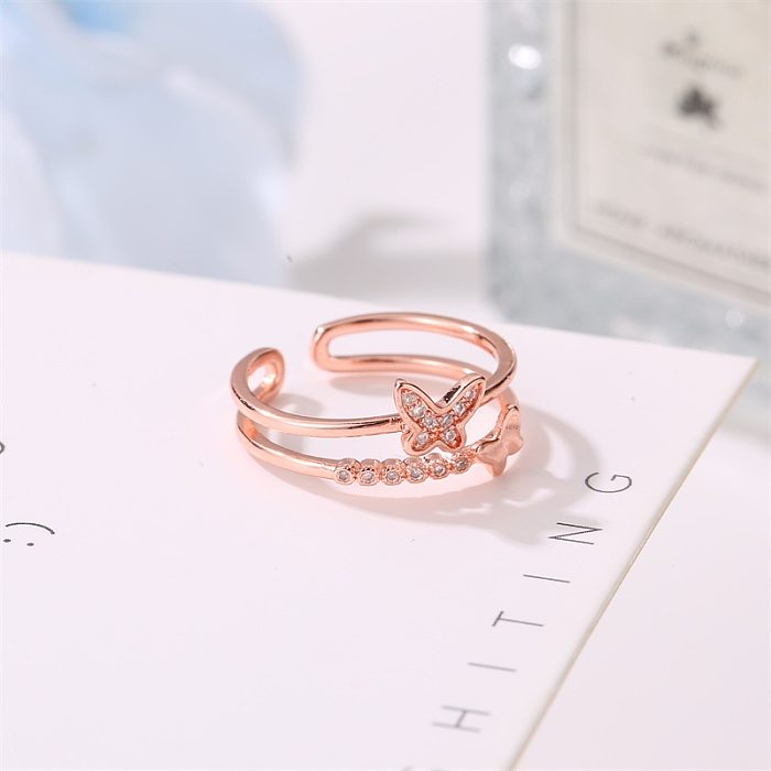 Novo anel duplo borboleta anel senhoras popular rosa ouro diamante abertura anel ajustável