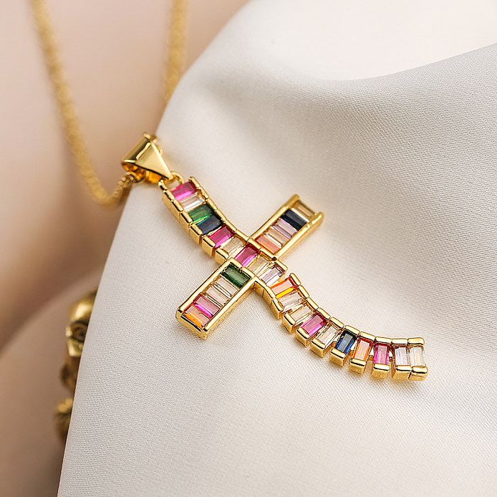 Hip-Hop Cross Copper 18K Gold Plated Zircon Pendant Necklace In Bulk