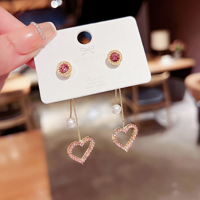 Boucles d'oreilles pendantes en forme de cœur, 1 paire, nœud papillon, pompon en cuivre, perles artificielles, strass