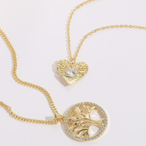 1 Piece Korean Style Tree Heart Shape Copper Inlay Zircon 14K Gold Plated Pendant Necklace