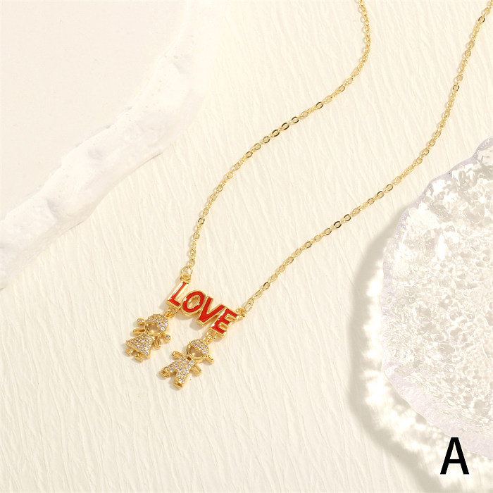 Simple Style Cartoon Character Letter Copper Enamel Plating Inlay Zircon 18K Gold Plated Pendant Necklace
