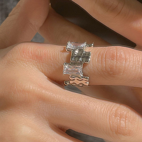 Simple Style Rectangle Copper Inlay Zircon Open Ring