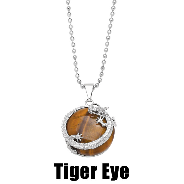 Ethnic Style Round Dragon Copper Plating Natural Stone Crystal Agate Pendant Necklace 1 Piece