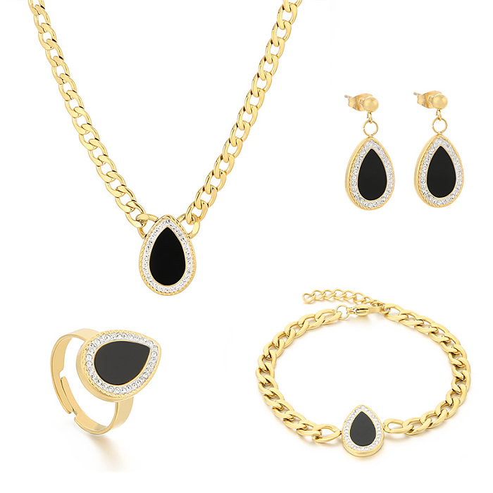 Simple Style Square Water Droplets Stainless Steel Plating Inlay Zircon 18K Gold Plated Jewelry Set