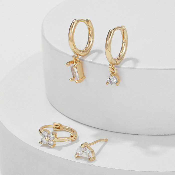 1 Set Casual Simple Style Round Square Flower Plating Inlay Brass Zircon 18K Gold Plated Earrings