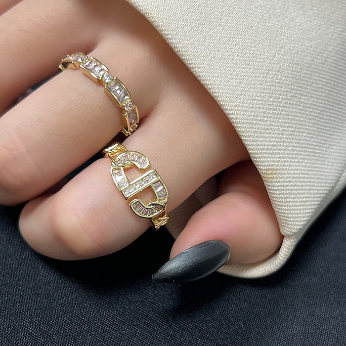 Simple Style Shiny Rectangle Copper Plating Inlay Zircon Open Ring