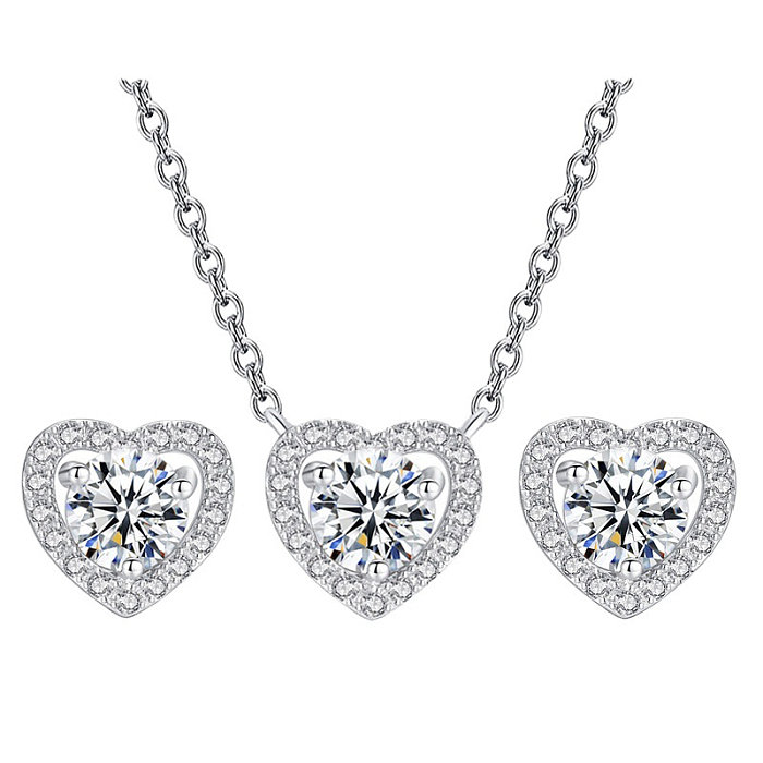 Luxurious Lady Shiny Heart Shape Copper Inlay Rhinestones Pearl Zircon 18K Gold Plated Women'S Earrings Necklace