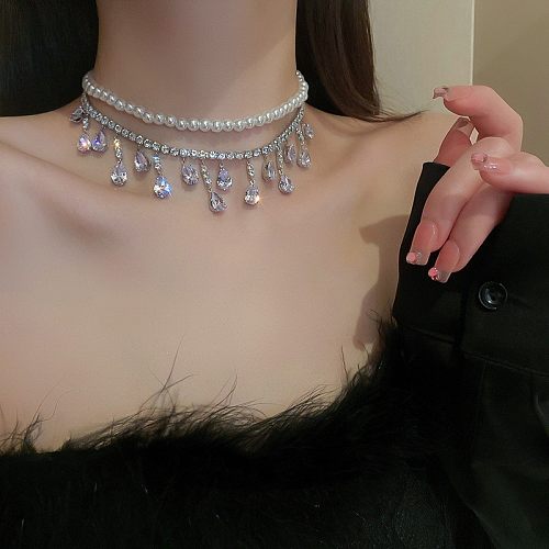 Lady Water Droplets Künstliche Perle Kupfer Perlen Inlay Zirkon Layered Halsketten