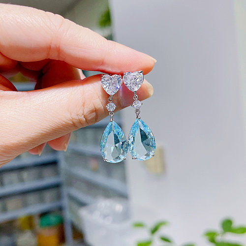Boucles d'oreilles Glam en forme de cœur, 1 paire, gouttelettes d'eau, incrustation en cuivre, cristal artificiel, Zircon