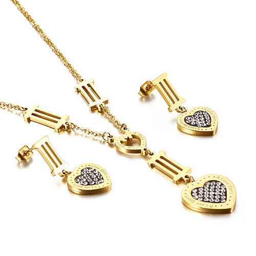 Moda em forma de coração de aço inoxidável algarismos romanos colar brincos conjunto jóias por atacado