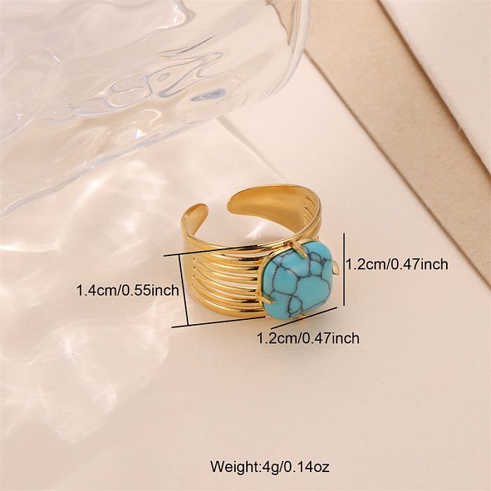 Wholesale Vintage Style Bridal French Style Oval Stone Stainless Steel Plating Inlay 18K Gold Plated Turquoise Open Rings