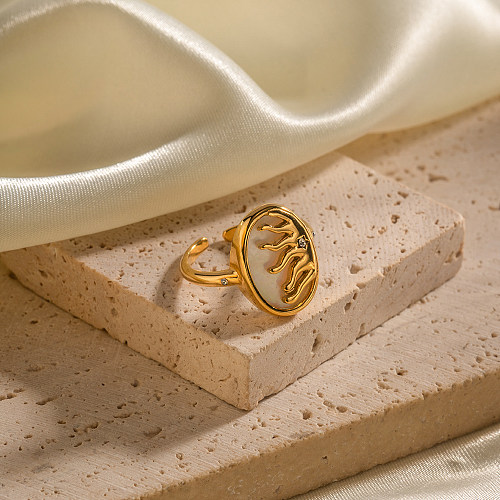 Offener Ring im INS-Stil mit Flammen-Edelstahlbeschichtung, Intarsien, Strasssteinen, 18 Karat vergoldet