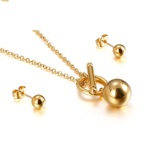 Collier et boucles d'oreilles boule dorée Simple à la mode, ensemble de boucles d'oreilles en acier inoxydable, vente en gros de bijoux